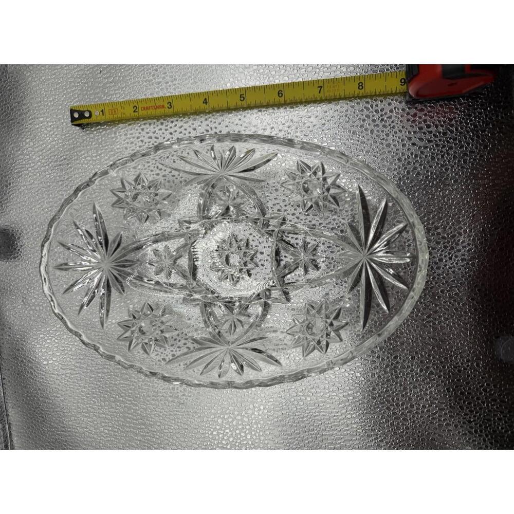 American Brilliant Cut Glass Oval Relish Celery Candy Dish Hobstar Rosette